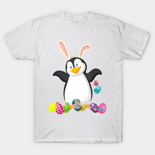 Penguin And Bunny Rabbit Hat Easter Eggs Happy Day T-Shirt by craiglimu